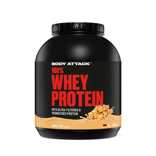 Body Attack 100% Whey Protein Apfelstrudel, 2 kg - Cremiges Eiweißpulver für Sportler - Cremiges Eiweißpulver mit Hydrolysat und BCAA's, ideal zur Unterstützung intensiver Workouts und Regeneration. Perfekt für Athleten, die ihre Leistung steigern möchten.
