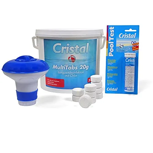 Cristal Chlor Multitabs 20 g - 5 kg Set mit Chlordosierer & Poolteststreifen - Effektive 5 in 1 Poolpflege für klares Wasser - Langzeitdesinfektion