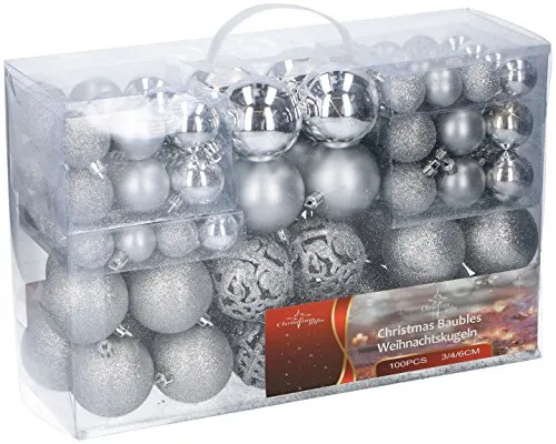 Christbaumkugeln bruchsicher 100er Set - silber - Weihnachtskugeln aus Kunststoff mit Aufhängung - 100 Stück Christbaum Anhänger Schmuck für den Weihnachtsbaum Weihnachtsdeko Hänger Baumschmuck Kugeln