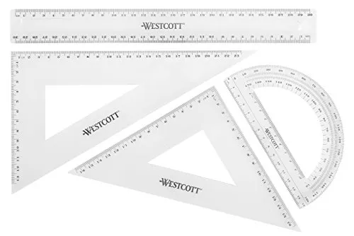 Westcott Geometrieset 4-telig | Matheset mit 30cm Lineal, Geometriedreiecke 45° und 60°, Winkelmesser 180° | Transparenter Kunststoff | Ideal für Schule, Studium und Büro | E-10304 00