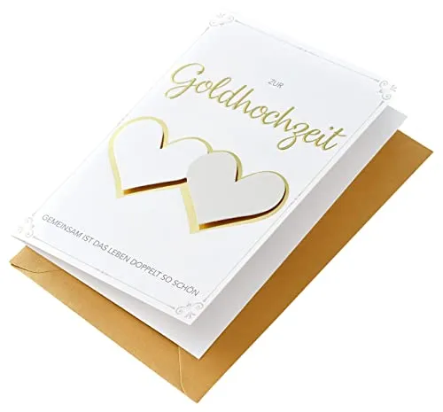 Perleberg Goldhochzeit Karte mit Umschlag in Gold - hochwertige Glückwunschkarte mit zwei Herzen - Karte Hochzeit - Maße 11,6 x 16,6 cm - Glückwunsch goldene Hochzeit - Grußkarte