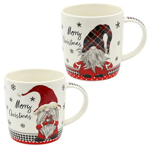 Dekohelden24 Porzellan Weihnachts-Tassen -Merry Christmas Wichtel - als 2er Set, L/B/H 8 x 12 x 10 cm, Fassungsvermögen 340 ml.
