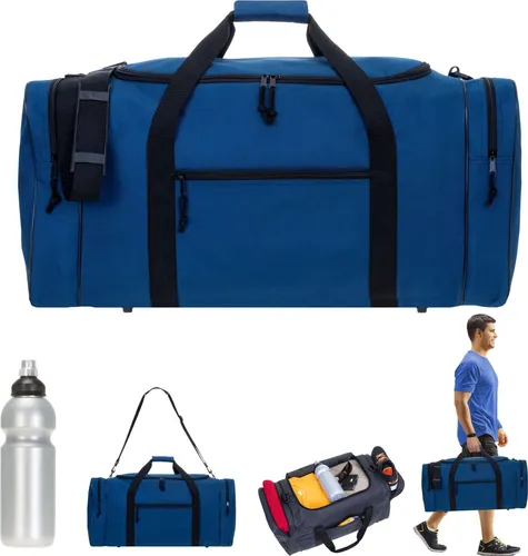 Sporttasche Herren XL Spear Gym 68 cm - 65L mit Trinkflasche - Große Sport- und Reisetasche (65L) in Dunkelblau, ideal für Fitness und Sauna. Mit praktischen Außentaschen und verstellbarem Schultergurt für optimalen Tragekomfort.