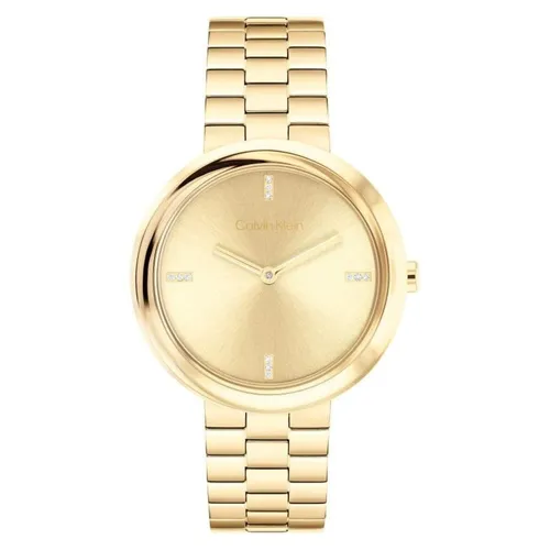 Calvin Klein Twisted Bezel Damen Uhr mit Goldfarben Edelstahlarmband - Armbanduhren für Damen – Diese stilvolle Calvin Klein Uhr bietet präzise Zeitmessung und ein elegantes Design mit 3 ATM Wasserresistenz, ideal für den Alltag.
