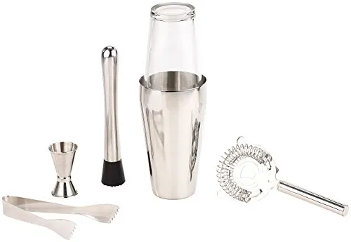 Rosenstein & Söhne Cocktail Set: Boston-Cocktailshaker-Set aus Edelstahl mit Glas, 6-teilig, 0,8 l (Cocktail Shaker, Shaker, Disco)
