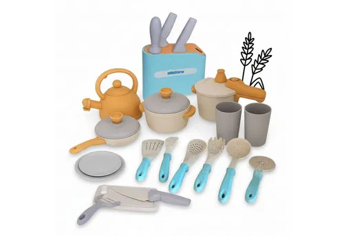 alldoro Spiel-Kochgeschirr Koch- und Geschirrset mit Messerblock für die Kinderküche, 21-teilig, (21-tlg), Küchenspielzeug-Set für Kinder, Messerblock, Töpfe, Pfannen & Geschirr