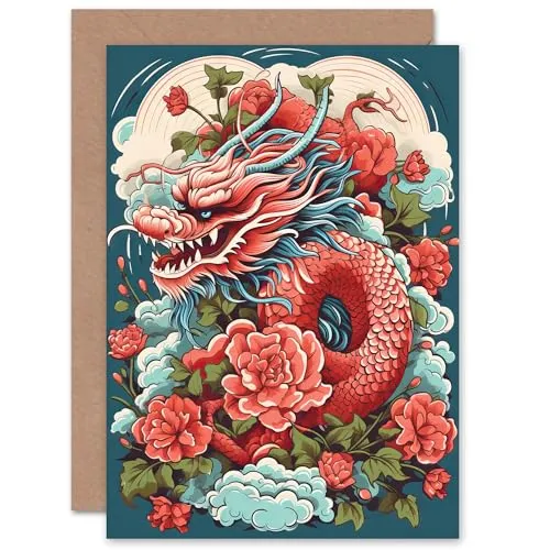 Artery8 Fantasy Dragon Peony Flower 2024 Chinese Year of the Dragon for Him or Her Man Woman Chinese New Year Birthday Thank You Blank Art Greeting Card
