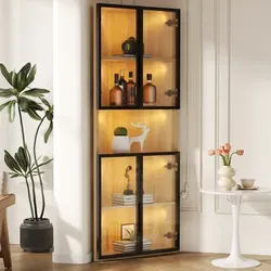 Eckvitrine Aus Mdf In Eichenoptik 62 X 32 X 160 Cm Mit Sicherheitsglas, Led-beleuchtung Und Soft-close-scharnieren
