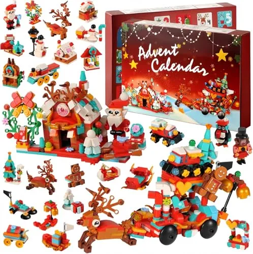 KAHEIGN Adventskalender 2025 Kinder, 24 Tage Weihnachten Adventskalender Countdown mit 895Stück Bausteine 12 in 1 Weihnachtsschlitten-Desserthaus-Bausteinen Spielzeug, Weihnachtsdekoration