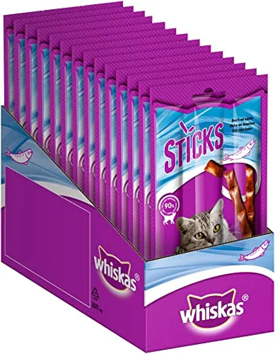 WHISKAS® Sticks mit Lachs 14 x 6g – Leckerbissen für Katzen - Die köstlichen Katzensticks von Whiskas sind ideal als Snack oder Beschäftigung. Mit leckerem Lachsgeschmack und vielen Vitaminen bieten sie ein intensives Kauvergnügen für kleine Feinschmecker.
