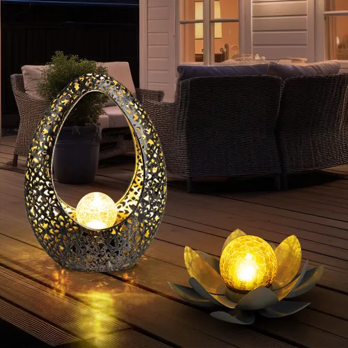 Solarlampe Lotosblüte 2er Set - LED Außenlampe mit Bruchglas - Lampen für den Außenbereich, 2er Set mit einzigartigem Lotusblüten-Design und Crackle-Glas, sorgt für stimmungsvolles Licht und leuchtet 6-8 Stunden bei Dämmerung.