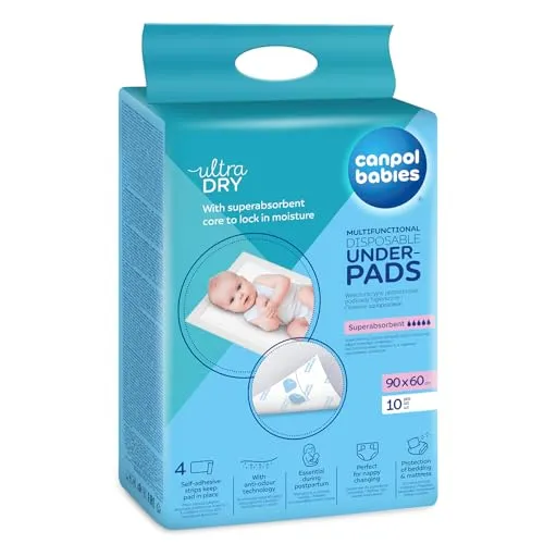 Canpol babies Vielzweck-Hygieneunterlagen mit Klebestreifen, für Betten, saugstark, weiche Oberfläche, Geruchsneutralisation (90x60cm, 10 St.)