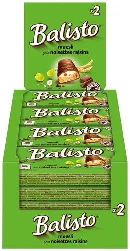 Balisto Müsli-Mix Schokoriegel, 740g, 20 Riegel - Vollkornkeks-Riegel mit Haselnusscreme und Rosinen, umhüllt von zartschmelzender Milchschokolade. Ideal zum Teilen und Anbieten – UTZ zertifizierter Kakao für geprüfte Qualität.
