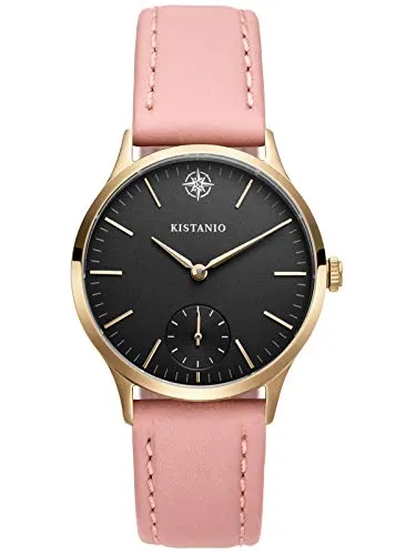Kistanio Stratolia Damenuhr mit Lederarmband Analog Saphirglas Champagner Schwarz STR-31-033