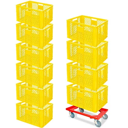 BRB 10er Spar-Set Euro-Stapelbehälter Plus Transportroller, 600x400x320 mm Industriequalität lebensmittelecht gelb