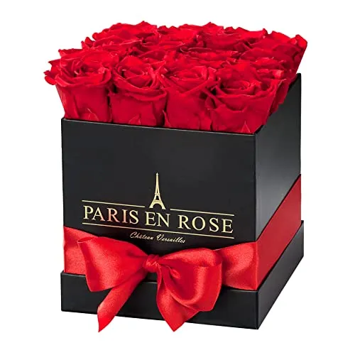 PARIS EN ROSE Rosenbox ECKIG | mit 12 roten Infinity Rosen Größe XL | eckige, schwarze Box mit Schleife | ewige Rose | 3 Jahre haltbar | Grußkarte