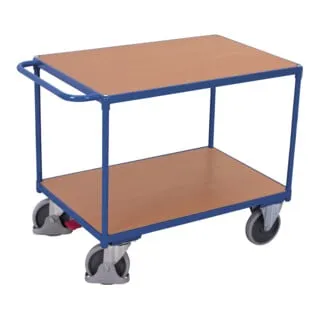 VARIOfit Schwerer Tischwagen mit 2 Ladeflächen 850 x 500 mm - Robuster Tischwagen aus Stahlrohr, ideal für schwere Lasten bis 400 kg. Mit zwei stabilen Ladeflächen und praktischen Lenkrollen für einfachen Transport.