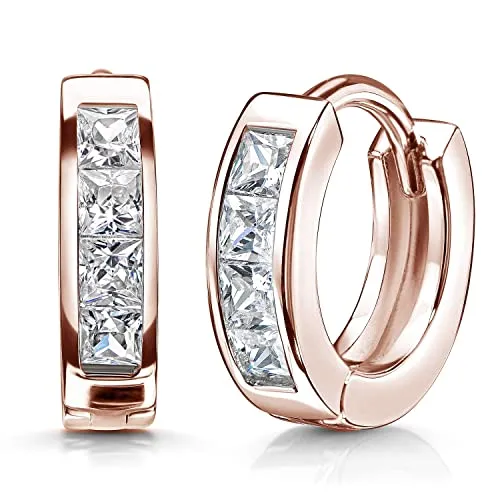 Materia Rosegold Creolen Damen 925 Silber vergoldet mit Zirkonia SO-453-Rose - Ohrringe für Damen, elegante Klappcreolen aus 925 Sterling Silber, hochwertig vergoldet mit Roségold und besetzt mit 8 funkelnden Zirkonia Steinen – ideal als Geschenk in einer edlen Schmuck-Schachtel.