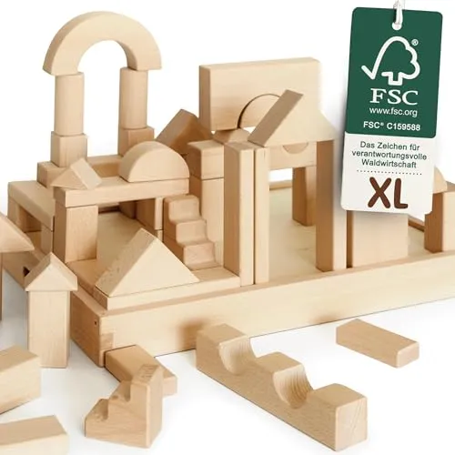 Merle Toys® Premium Holzbausteine Natur - 46er Set für kreatives Bauen - Bauklötze & Bausteine – 100% FSC-zertifiziertes Holz, fördert spielerisch die Kreativität und Feinmotorik von Kindern ab 2 Jahren, inklusive Ideen-Heft für endlosen Bauspaß!