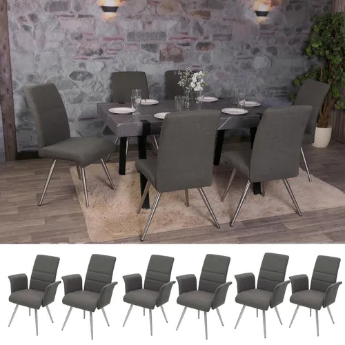 6er-Set Esszimmerstuhl HWC-G55, Modernes Design in Grau-Braun - Stühle für Esszimmer, 6er-Set mit hochwertigem Stoffbezug und Edelstahlgestell, ideal für Komfort und Stil im Wohnbereich. Inklusive praktischen Fußbodenschonern zum Schutz Ihrer Böden.