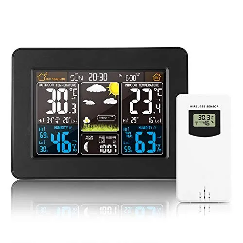 Kabellose Wetterstation, digital, bunt, Wettervorhersage, Uhr mit Außensensor, Innen-Außen-Thermometer mit Uhrzeit, Datum, Temperatur, Luftfeuchtigkeit, Barometer, Alarm, Mondphasenanzeige, Wetteruhr