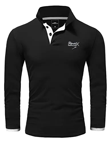 REPUBLIX Herren Poloshirt Basic Kontrast Stickerei Kragen Langarm Polohemd T-Shirt R-0057 Schwarz/Weiß M