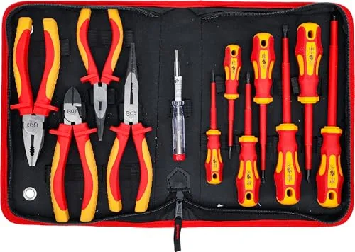 BGS 7140 VDE-Zangen- und Schraubendreher-Satz 12-tlg. - Schraubendreher-Sets mit isolierten Werkzeugen nach DIN EN 60900, ideal für sicheres Arbeiten an elektrischen Anlagen, inklusive praktischer Reißverschlusstasche.