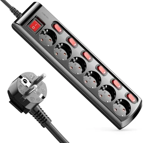 deleyCON 6 Fach Steckdosenleiste Einzeln Schaltbar 1,4m Kabel (6X EIN/Aus Schalter und 1x Hauptschalter) Strom Stromleiste Mehrfachsteckdose mit erhöhtem Berührungsschutz - Schwarz