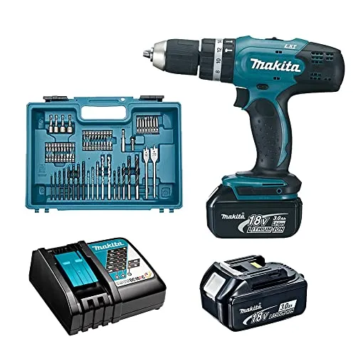 Makita DHP453RFX4 Schlagbohrschrauber 18V mit 74 Teilen - Akkuschrauber mit 2x3,0Ah Li-Ion Akkus, kompaktem Design und 42Nm max. Drehmoment – ideal für präzise Bohrarbeiten in Heim und Werkstatt.