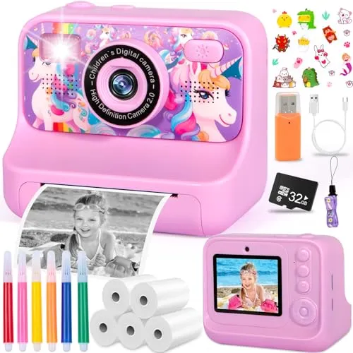 ZQEJEFD Sofortbildkamera Kinder, 1080P HD Sofortdruck von Fotos, 2,4 Zoll Bildschirm Kinderkamera Sofortbildkamera mit 32G Karte, Druckpapier & Farbigen Stiften, Geschenk für Kinders 3-12 Jahren