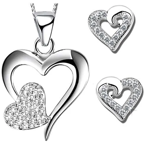 Damen Schmuckset aus 925 Sterling Silber mit Rundschliff Zirkonia Kristall Herz-Kette mit Herz-Ohrringe (K598+K615+V12, 45)