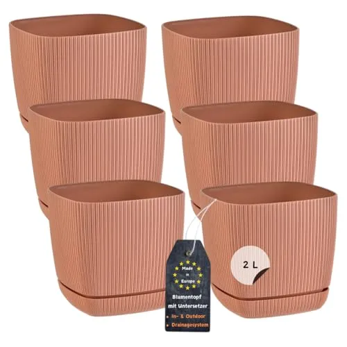 Engelland - 6 x Blumentopf mit Drainagesystem, Untersetzer, Farbe: Terrakotta, Rillenoptik, Pflanz-Topf, Kübel, modern, Kunststoff, quadratisch, 15 x 15 cm, 2 Liter