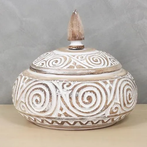 Oriental Galerie Schatulle Dose Schale mit Deckel Box Palmenholz Holzbox Schnitzereien Shabby Used Look Natur 20cm