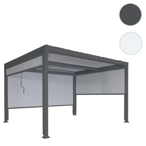 Alu Pergola HWC-L41 mit 3 Seitenwänden - Moderne Pergola (3x3m/3x3,7m/3x6m) mit stufenlos regulierbarem Wind- und Insektenschutz, ideal für gemütliche Stunden im Freien.