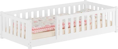 Flachbett Kiefer 90x200 mit Rundumschutzgitter - Waschweiß - Robustes Flachbett aus massivem Kiefernholz mit Rundumschutzgitter für Sicherheit beim Schlafen. Ideal für Kinderzimmer, Liegefläche 90x200 cm, sorgt für Geborgenheit und Komfort.