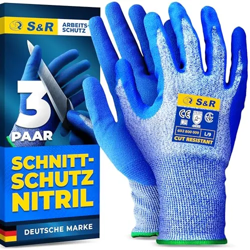 S&R Schnittfeste Arbeitshandschuhe mit Nitril-Beschichtung – Rutschfester Schutz für Montage und Lagerarbeit - Diese S&R Schnittschutzhandschuhe bieten optimalen Schutz vor Schnitten und Abrieb. Die Nitril-Beschichtung sorgt für sicheren Halt bei glatten Oberflächen – ideal für präzise Arbeiten in Lager, Montage und KFZ.