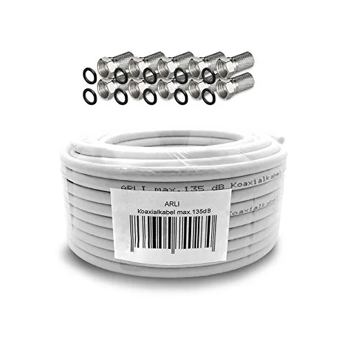 ARLI 50m Koaxialkabel 135dB 5-fach geschirmt + 10x F-Stecker – Sat Antennenkabel für DVB-S/S2 DVB-T/T2 DVB-C/C2 4K UHD HDTV Innen Außen