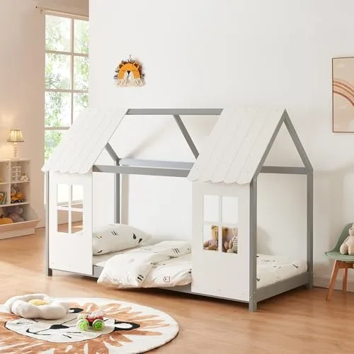 [en.casa] Kinderbett Tostedt - Charmantes Hausbett für kleine Abenteurer - Betten aus massivem Kiefernholz, halboffenes Design für ein gemütliches Kinderzimmer und traumhafte Nächte. Perfekt für stilvolle Einrichtungen!