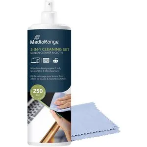 MediaRange Bildschirmreiniger MR721, 250ml Set mit Mikrofasertuch - EDV-Reinigungsmittel für schonende Reinigung von Bildschirmen und Geräten. Antistatisch, schmierfrei und alkoholfrei – ideal für empfindliche Oberflächen.