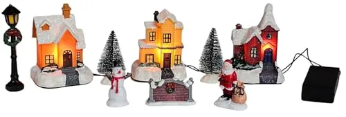 Bambelaa! Weihnachtsstadt 9 TLG. Winterdorf Weihnachtsdorf Weihnachtsszene Weihnachten LED Beleuchtet Warmweiß Figuren Deko Tisch Innen Häuser Batteriebetrieben mit 3 LEDs Weihnachtslandschaft