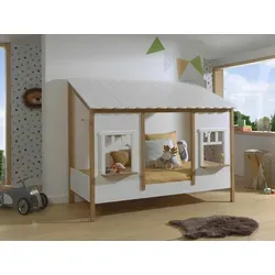 Landhausbett mit Dach 90x200 cm - Kinderzimmermöbel mit hochwertigem Kiefernholz, ideal zum Schlafen und Spielen. In stilvollem Oak/Weiß für eine gemütliche Atmosphäre.