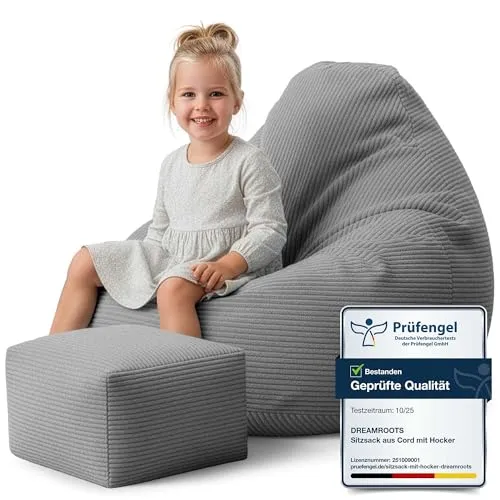 Dreamroots Bean Bag 70x70 cm - Bequemer Sitzsack für Kinder mit Lehne und Hocker - Sitzsäcke für Kinder mit robustem Kordsamt-Bezug und praktischer Fußstütze. Ideal für Wohnzimmer, Schlafzimmer oder Garten - leicht zu transportieren und pflegeleicht.