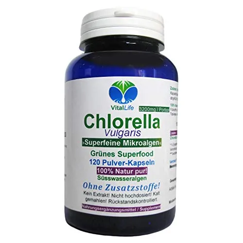 Chlorella Vulgaris 120 Pulver Kapseln NATUR pur NICHT hochdosiert KEIN Extrakt OHNE Zusatzstoffe OHNE Füllstoffe. 26404