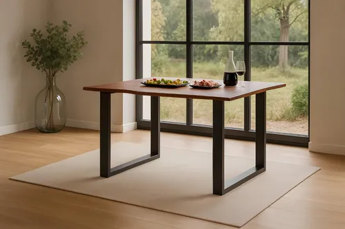 Esstisch Roxana | 120 x 80 cm | Akazienholz massiv | Kastanienfarbig | Echte Baumkante | U-Gestell Metall Schwarz | pflegeleichter Massivholztisch/Baumkantentisch für Esszimmer & Küche