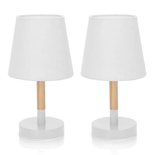 Aigostar Nachttischlampe 2er Set Holz – Moderne Tischlampe mit Stoffschirm und Metallfuß