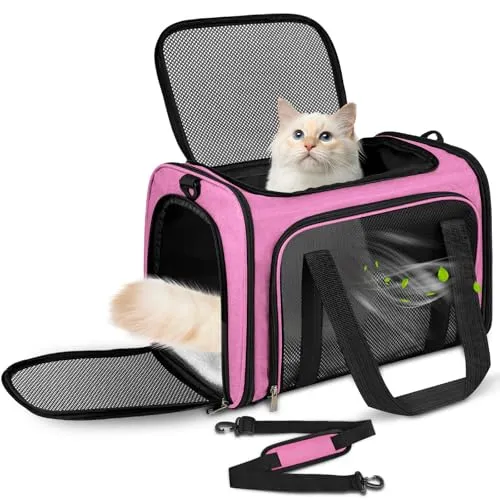 Lohofrnny Transporttasche Katze, Transporttasche für Katze Hund bis zu 5kg, Tragbar Faltbare Haustier Tragetaschen mit Schultergurt für Mittel Kleine Haustiere(Rosa, 43x28x28cm)