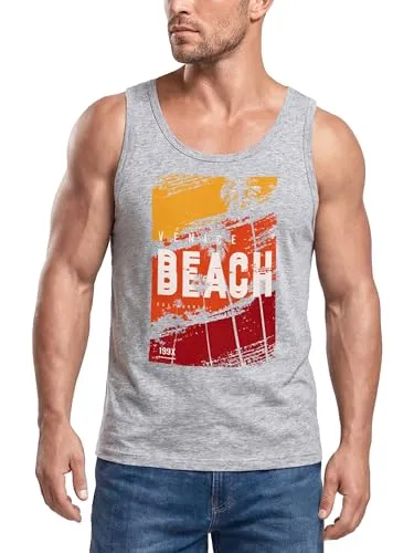 Neverless® Herren Tank-Top Sommer Venice Beach Surfing Motiv Aufdruck Strand Palmen Fashion Muskelshirt Grau M
