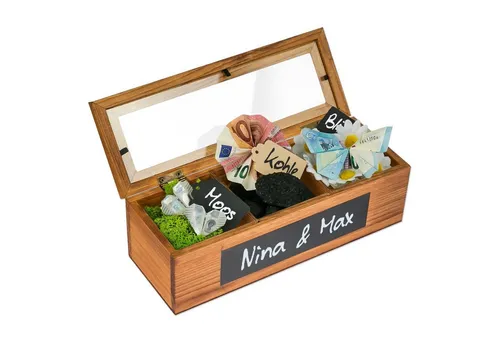 SURPRISA Geschenkbox Schotter-Schatulle Geldgeschenk, aus Pinienholz, 3 Fächer, Geschenk zur Hochzeit, Geburtstag usw.