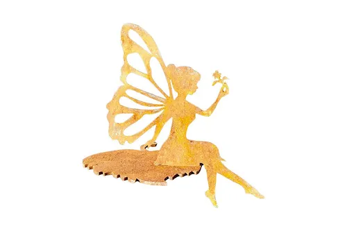 ILLUMINO Gartenfigur Kantenhocker Fee auf dem Blatt Sitzenbleiber Gartendeko Metall Rost, (1 St)