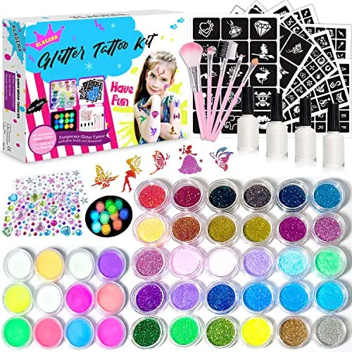 Glitzer Tattoo Set Kinder,Glitzertattoos Kinder Set - 42 Farben Glitzer (12 sind Fluoreszierend|Nachts Glänzen),219 Schablonen,213 Strass,5 Pinsel, 4 Kleber(Leicht zu Waschen, Reizt die Haut Nicht)